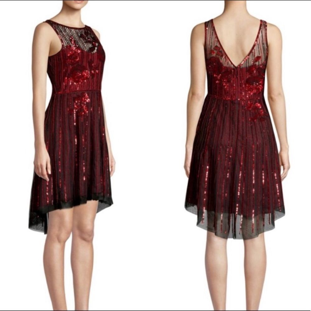 Parker Black Abba Sequin High Low Dress Black Red Size 0
